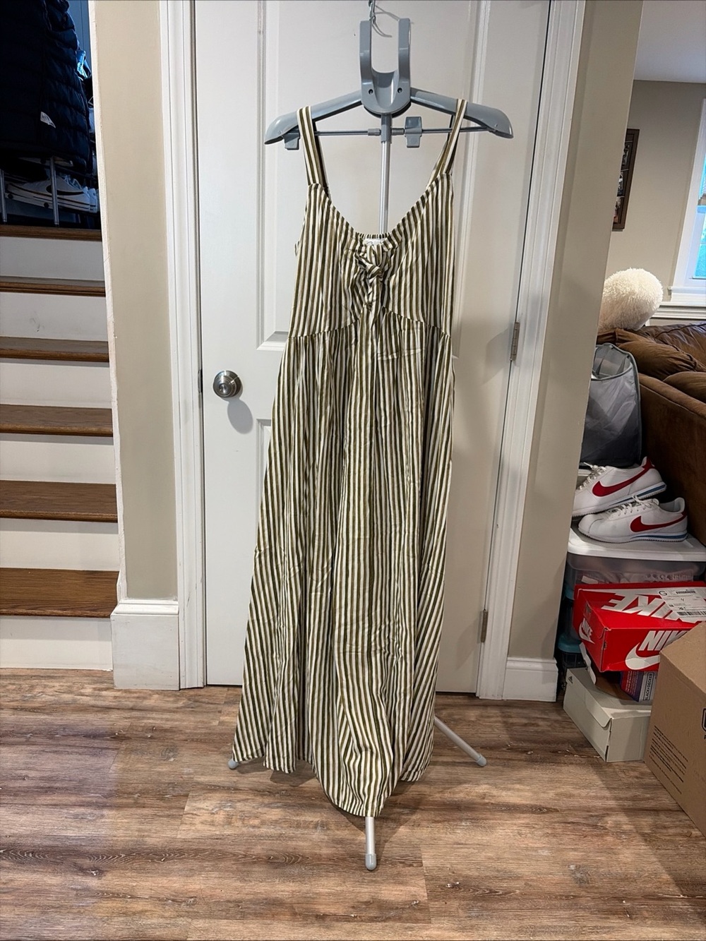 Japna Olive and White Striped Tie-Front Maxi Dress